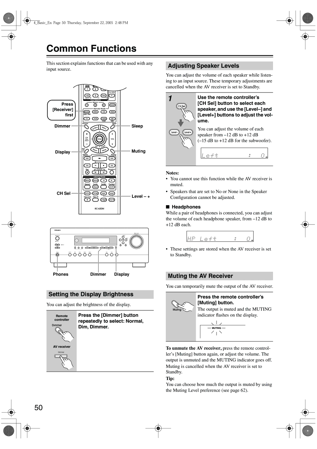 Integra DTR-4.6 Common Functions, Adjusting Speaker Levels, Setting the Display Brightness, Muting the AV Receiver 