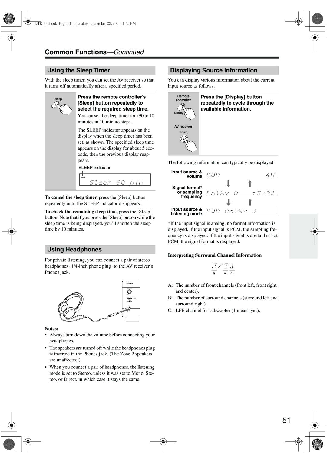 Integra DTR-4.6 instruction manual Common Functions, Using the Sleep Timer, Displaying Source Information, Using Headphones 