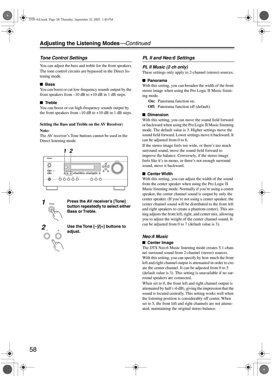 Integra DTR-4.6 Adjusting the Listening Modes, Tone Control Settings, PL II and Neo6 Settings PL II Music 2 ch only 