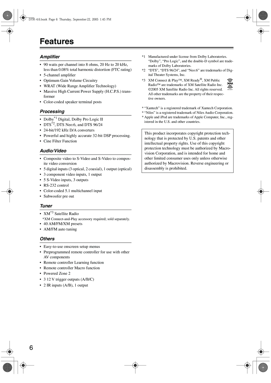 Integra DTR-4.6 instruction manual Features 