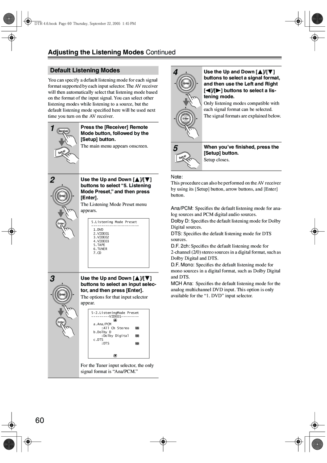 Integra DTR-4.6 Default Listening Modes, Use the Up and Down Buttons to select 5. Listening, Mode Preset, and then press 