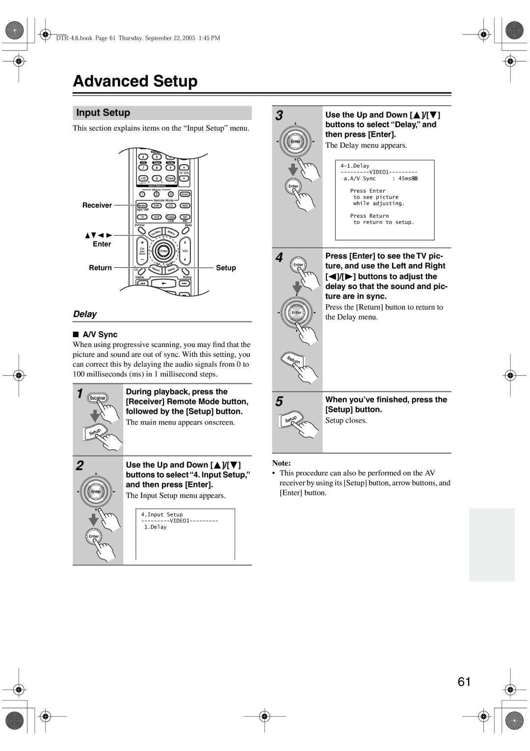 Integra DTR-4.6 instruction manual Advanced Setup, Input Setup, Delay 