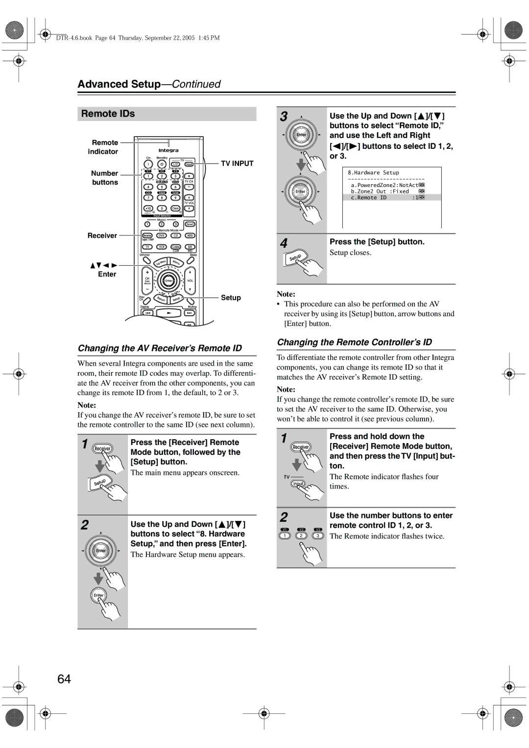 Integra DTR-4.6 instruction manual Remote IDs, Changing the AV Receiver’s Remote ID, Changing the Remote Controller’s ID 