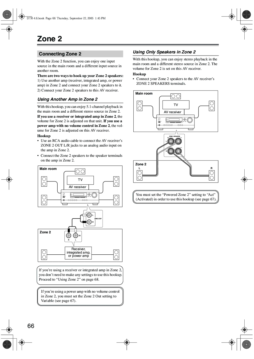 Integra DTR-4.6 instruction manual Connecting Zone, Using Another Amp in Zone, Using Only Speakers in Zone 