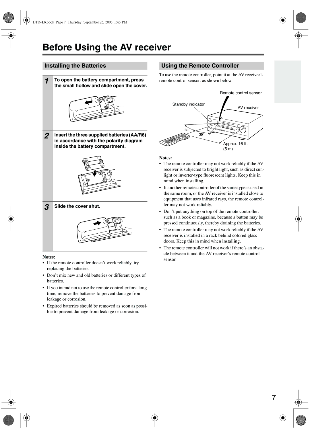 Integra DTR-4.6 instruction manual Before Using the AV receiver, Installing the Batteries, Using the Remote Controller 