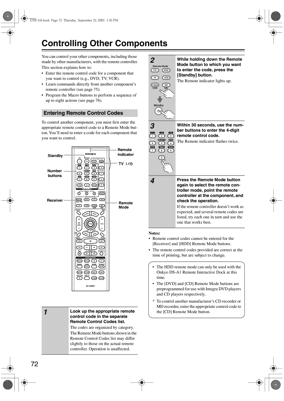 Integra DTR-4.6 instruction manual Controlling Other Components, Entering Remote Control Codes 