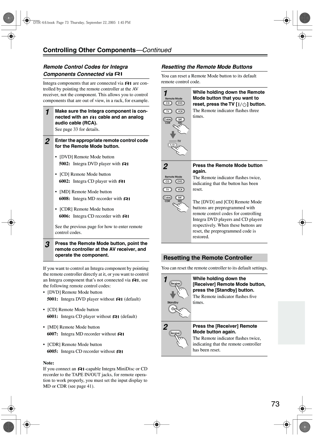 Integra DTR-4.6 Controlling Other Components, Resetting the Remote Controller, Resetting the Remote Mode Buttons 