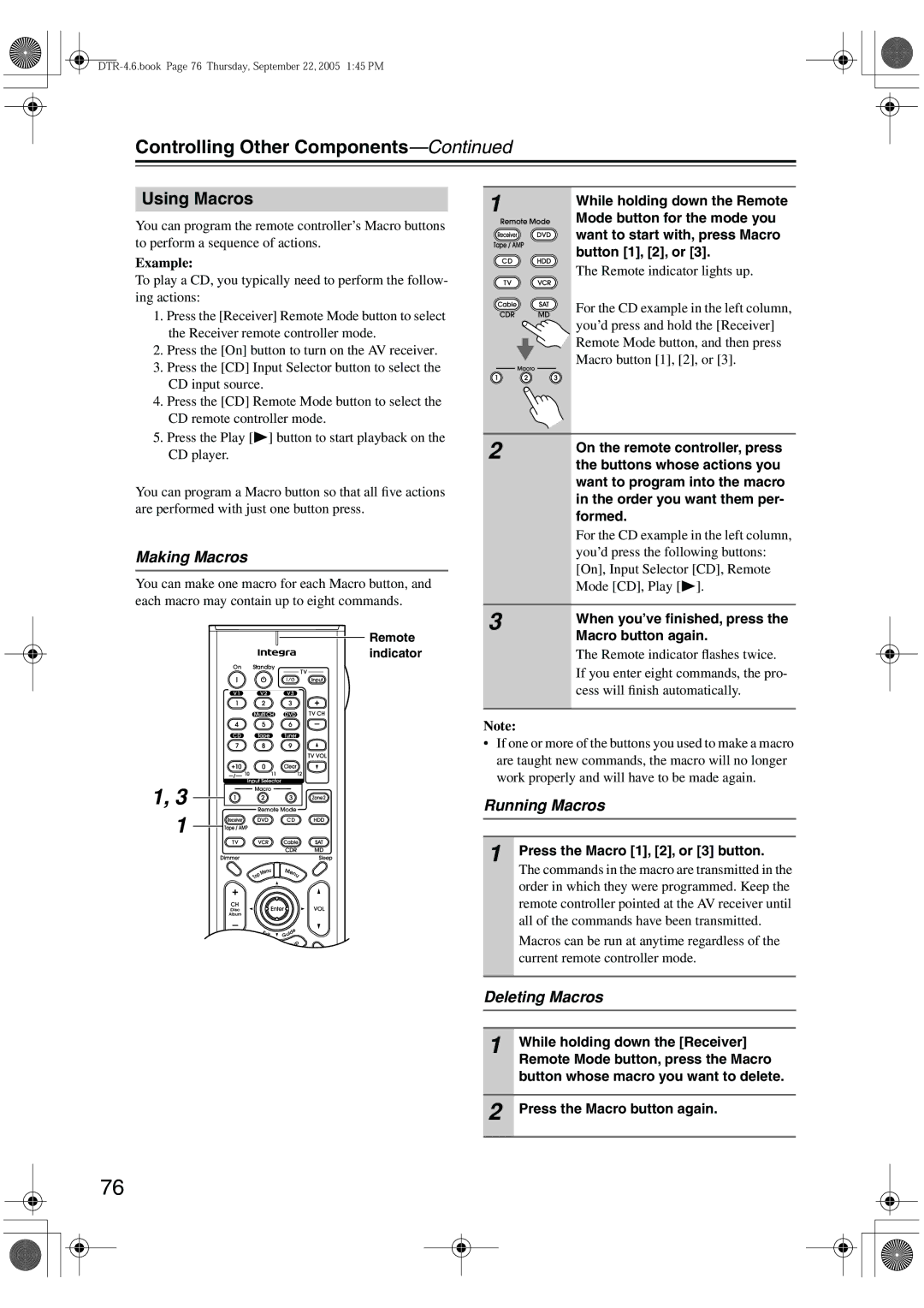 Integra DTR-4.6 instruction manual Using Macros, Making Macros, Running Macros, Deleting Macros 