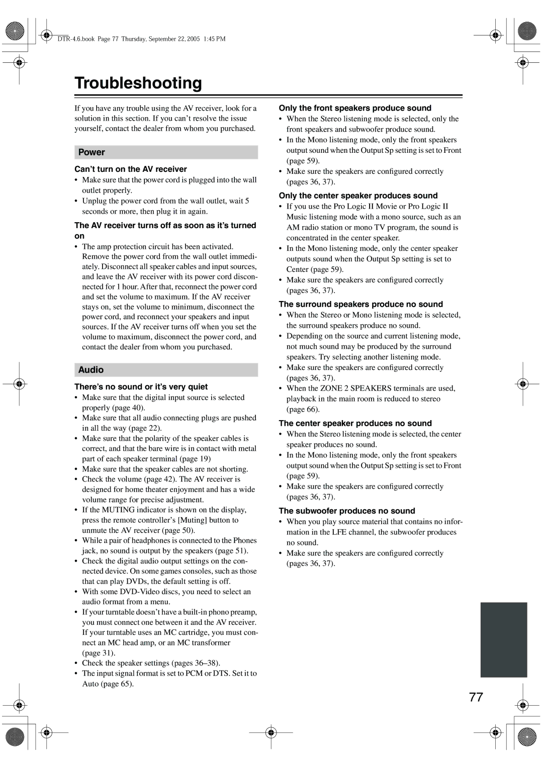 Integra DTR-4.6 instruction manual Troubleshooting 