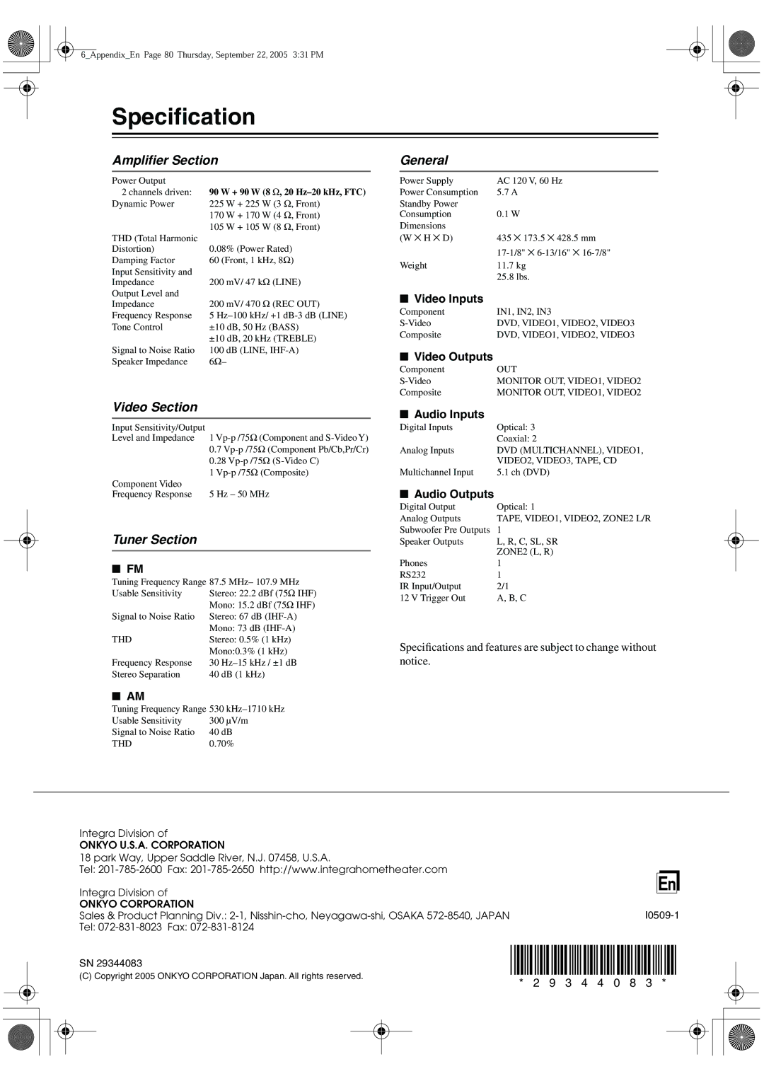 Integra DTR-4.6 instruction manual Speciﬁcation, Ampliﬁer Section, General, Video Section, Tuner Section 