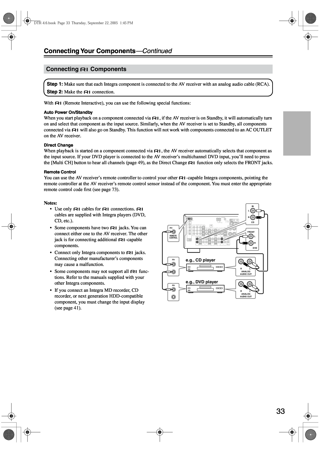 Integra DTR-4.6 instruction manual Connecting Components, Connecting Your Components—Continued, Notes 