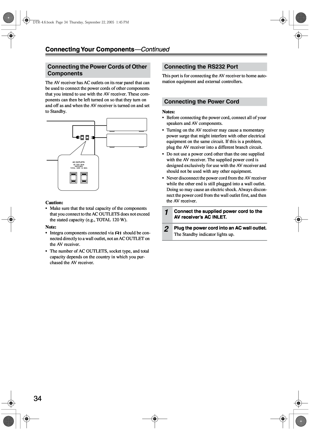Integra DTR-4.6 instruction manual Connecting the Power Cords of Other Components, Connecting the RS232 Port, Notes 