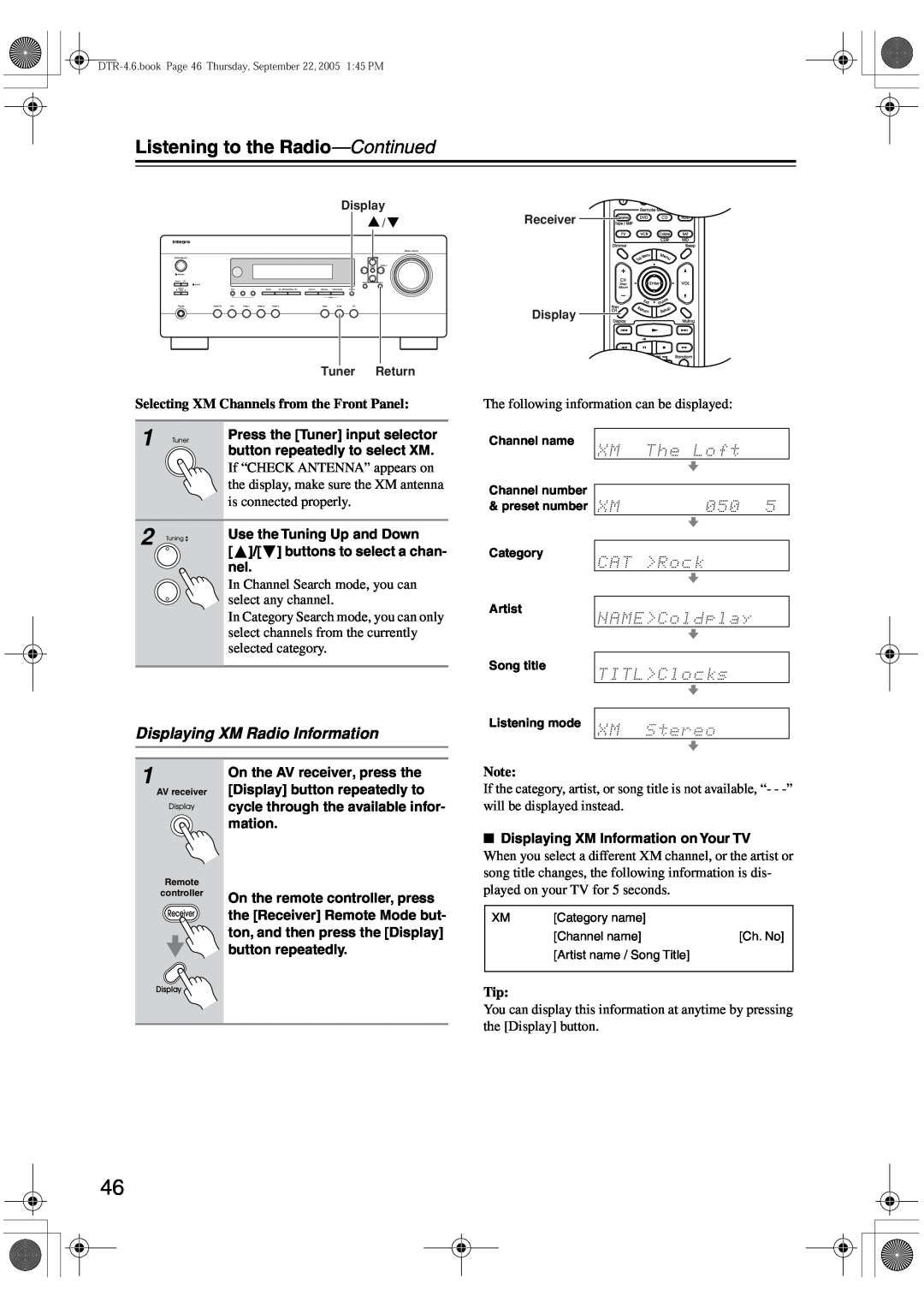 Integra DTR-4.6 instruction manual Displaying XM Radio Information, Selecting XM Channels from the Front Panel 