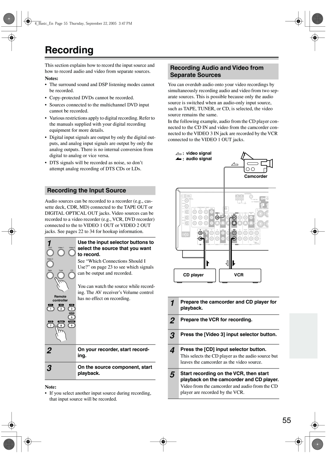 Integra DTR-4.6 instruction manual Recording Audio and Video from Separate Sources, Recording the Input Source, Notes 