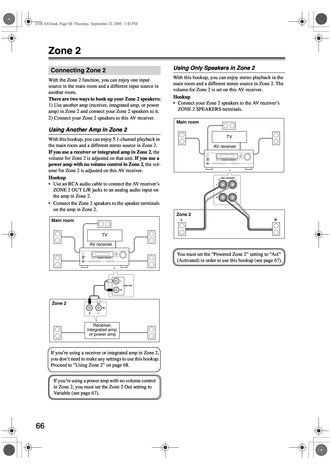 Integra DTR-4.6 instruction manual Connecting Zone, Using Another Amp in Zone, Using Only Speakers in Zone, Hookup 