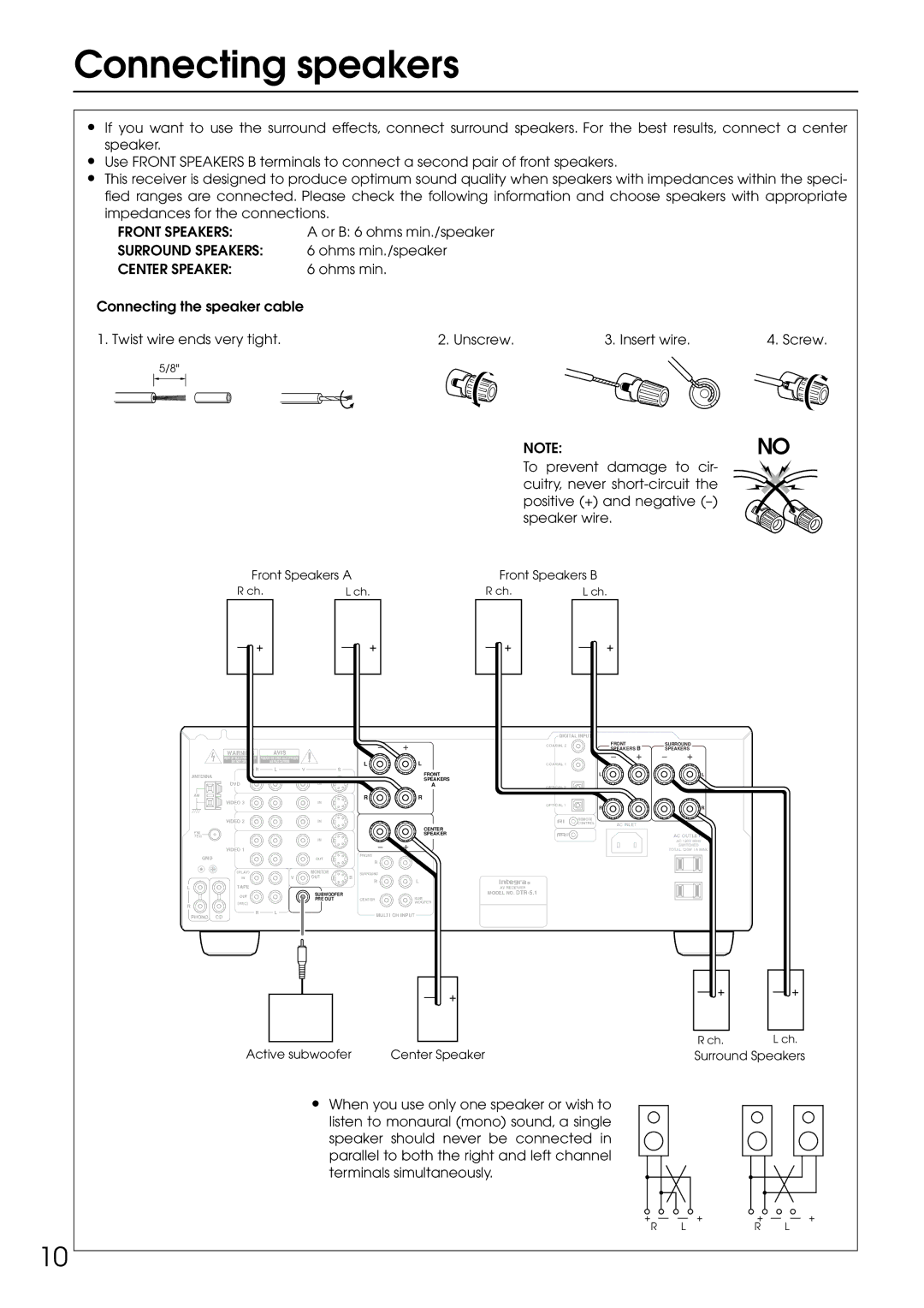 Integra DTR-5.1 appendix Connecting speakers, Front Speakers, Surround Speakers, Center Speaker 