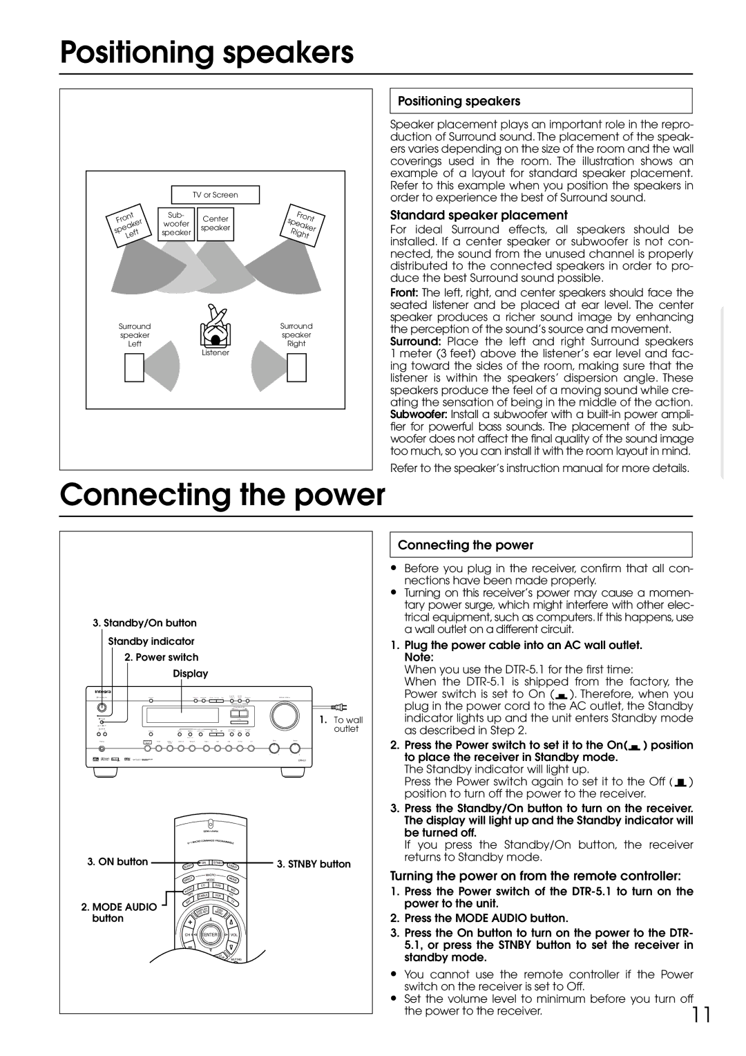 Integra DTR-5.1 appendix Positioning speakers, Connecting the power 