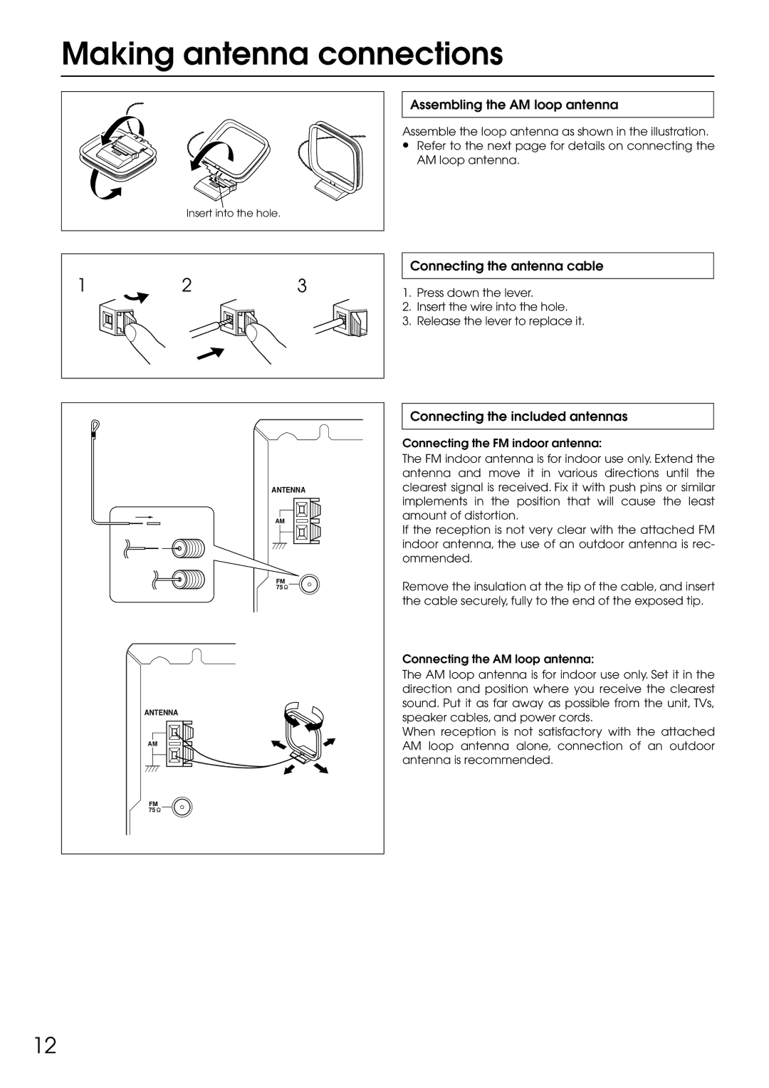 Integra DTR-5.1 appendix Making antenna connections, Assembling the AM loop antenna, Connecting the antenna cable 