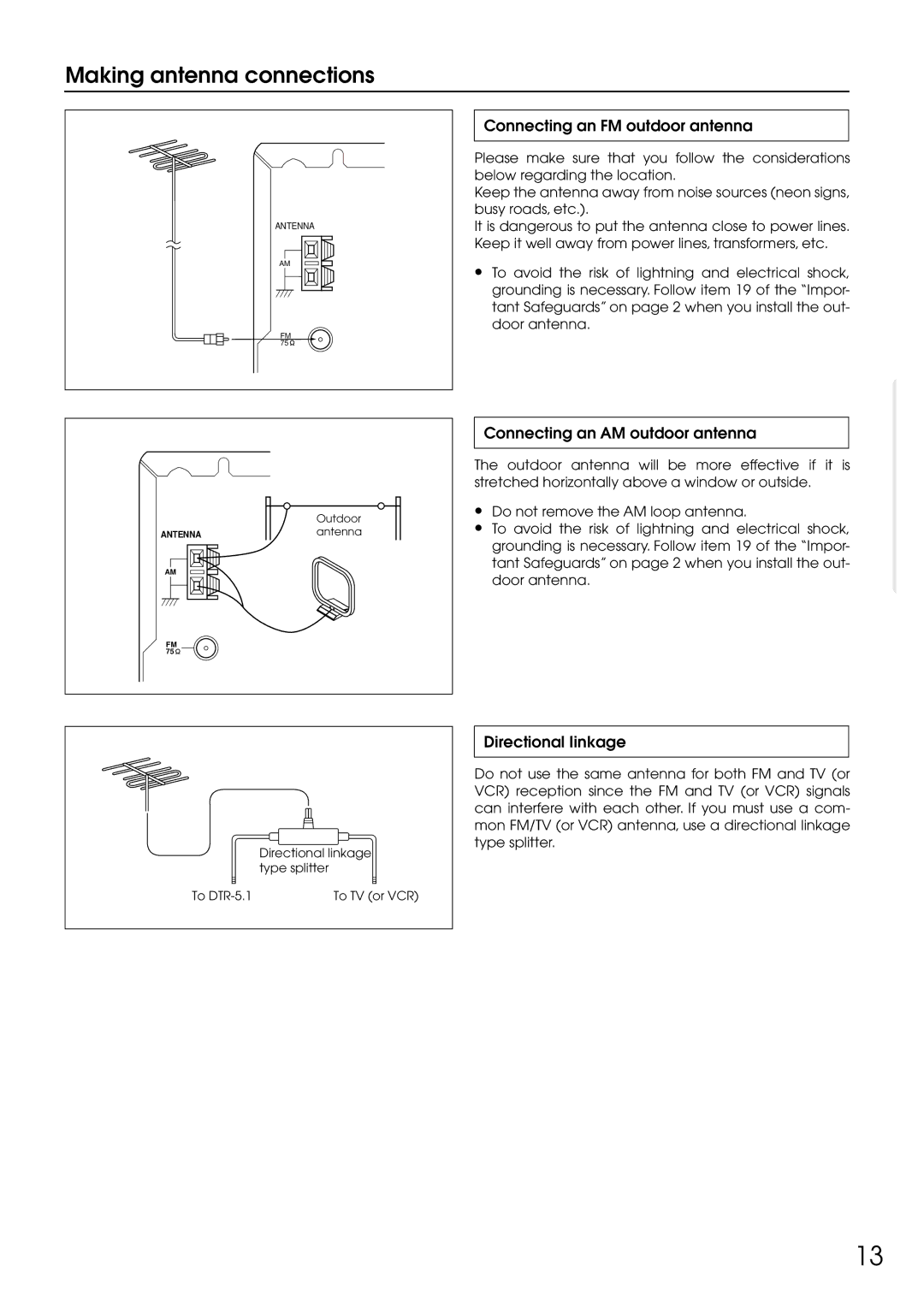 Integra DTR-5.1 appendix Making antenna connections, Connecting an FM outdoor antenna, Connecting an AM outdoor antenna 