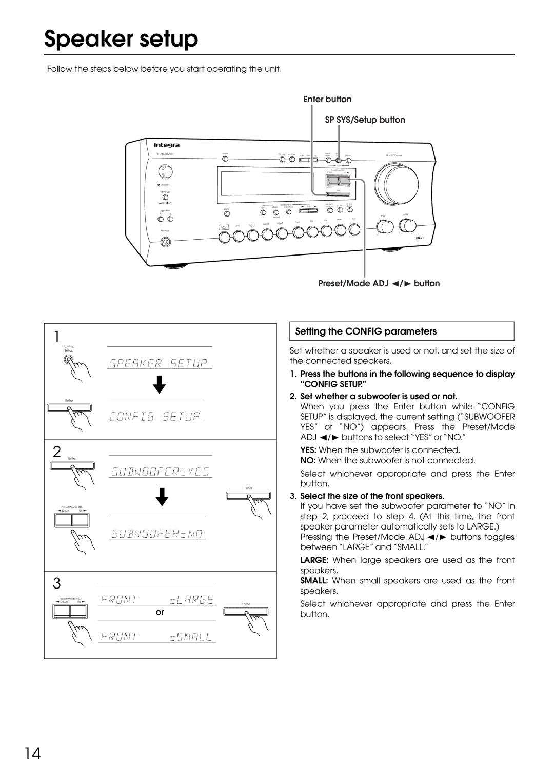 Integra DTR-5.1 appendix Speaker setup, Setting the Config parameters, Config Setup 