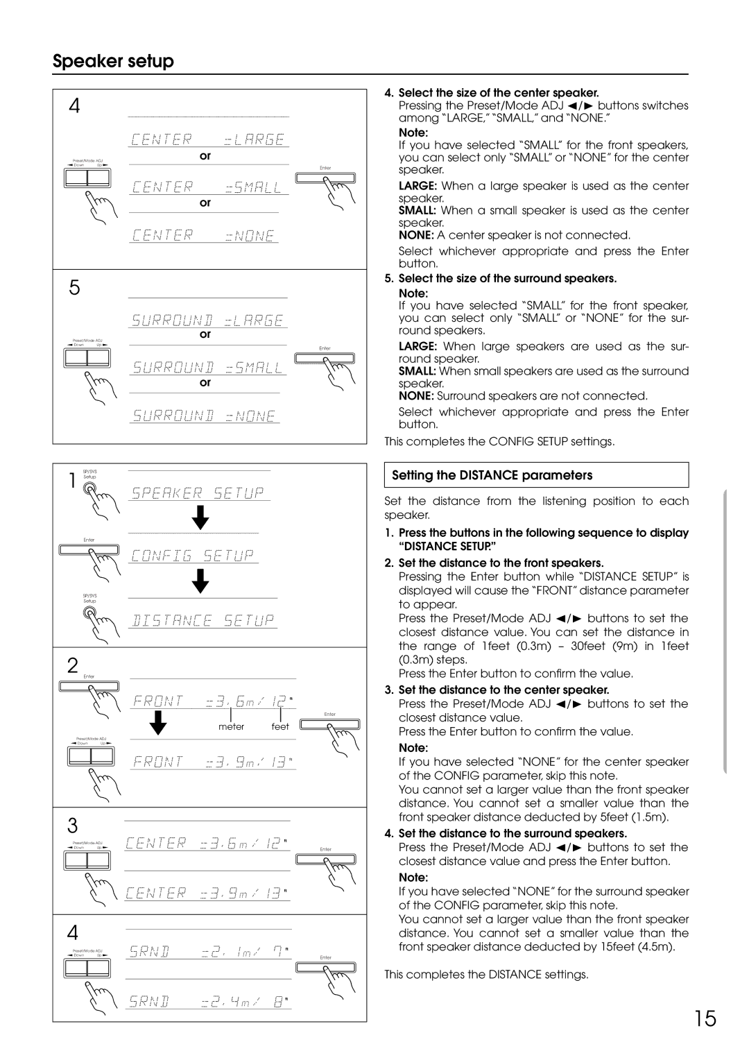 Integra DTR-5.1 appendix Speaker setup, Setting the Distance parameters, Distance Setup 