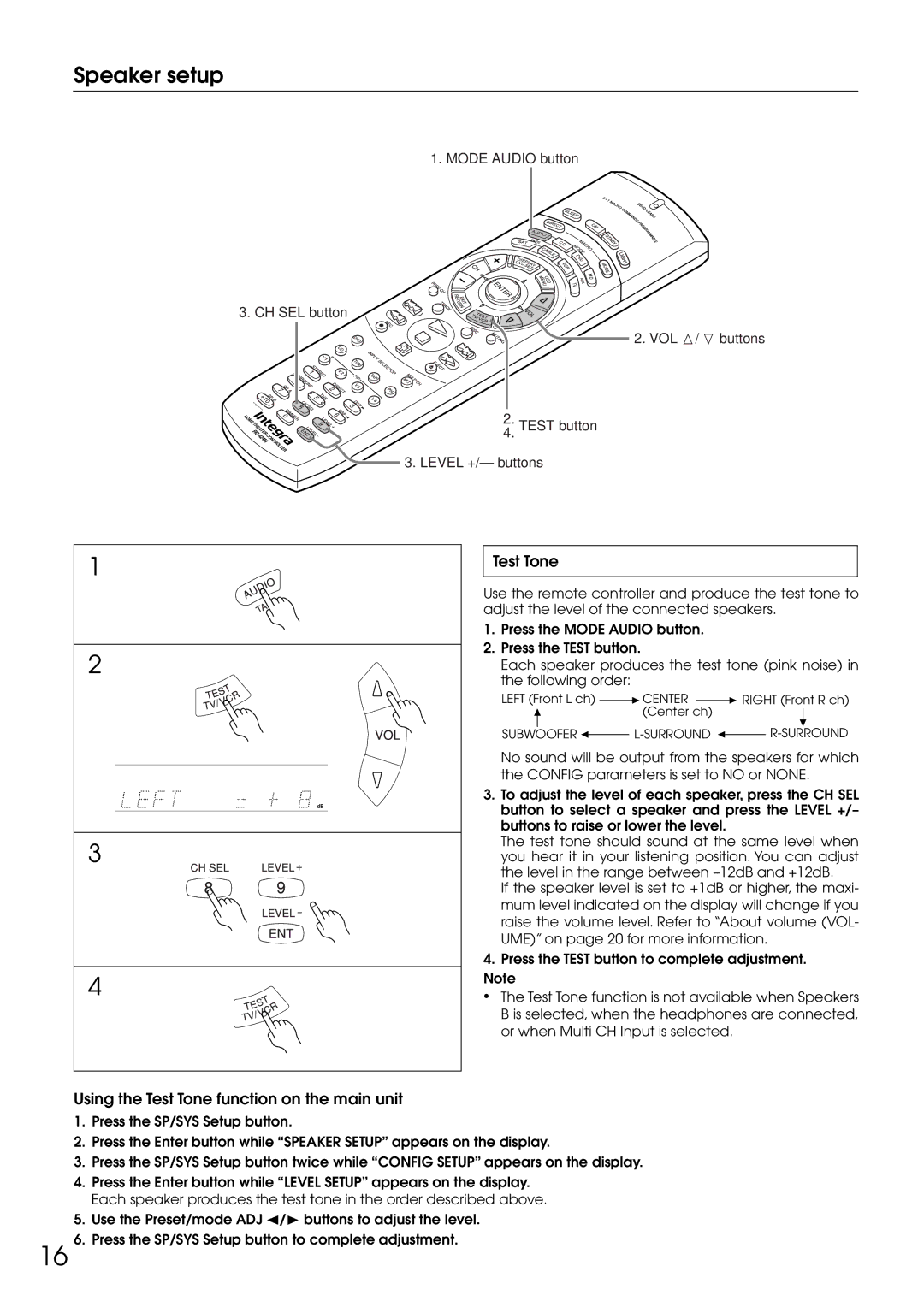 Integra DTR-5.1 appendix Using the Test Tone function on the main unit, Mode Audio button CH SEL button VOL q/u buttons 