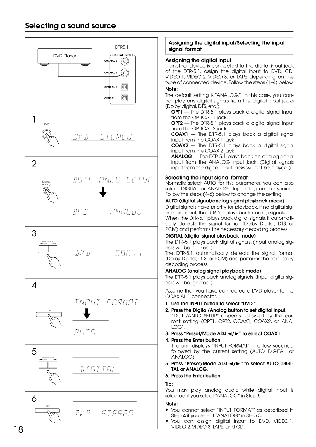 Integra DTR-5.1 appendix Selecting a sound source, Selecting the input signal format 