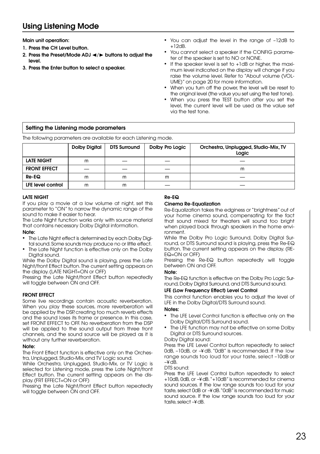 Integra DTR-5.1 appendix Setting the Listening mode parameters, Late Night Front Effect, Re-EQ LFE level control 