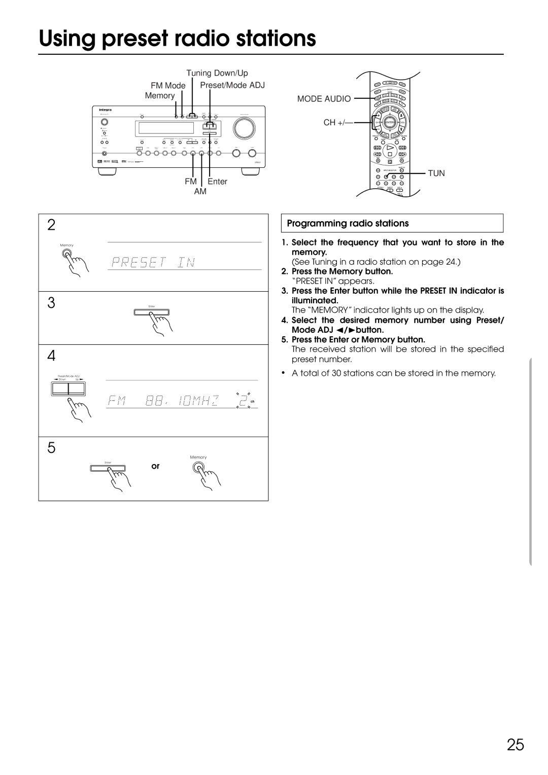 Integra DTR-5.1 appendix Using preset radio stations, Programming radio stations, Mode Audio, Tun 