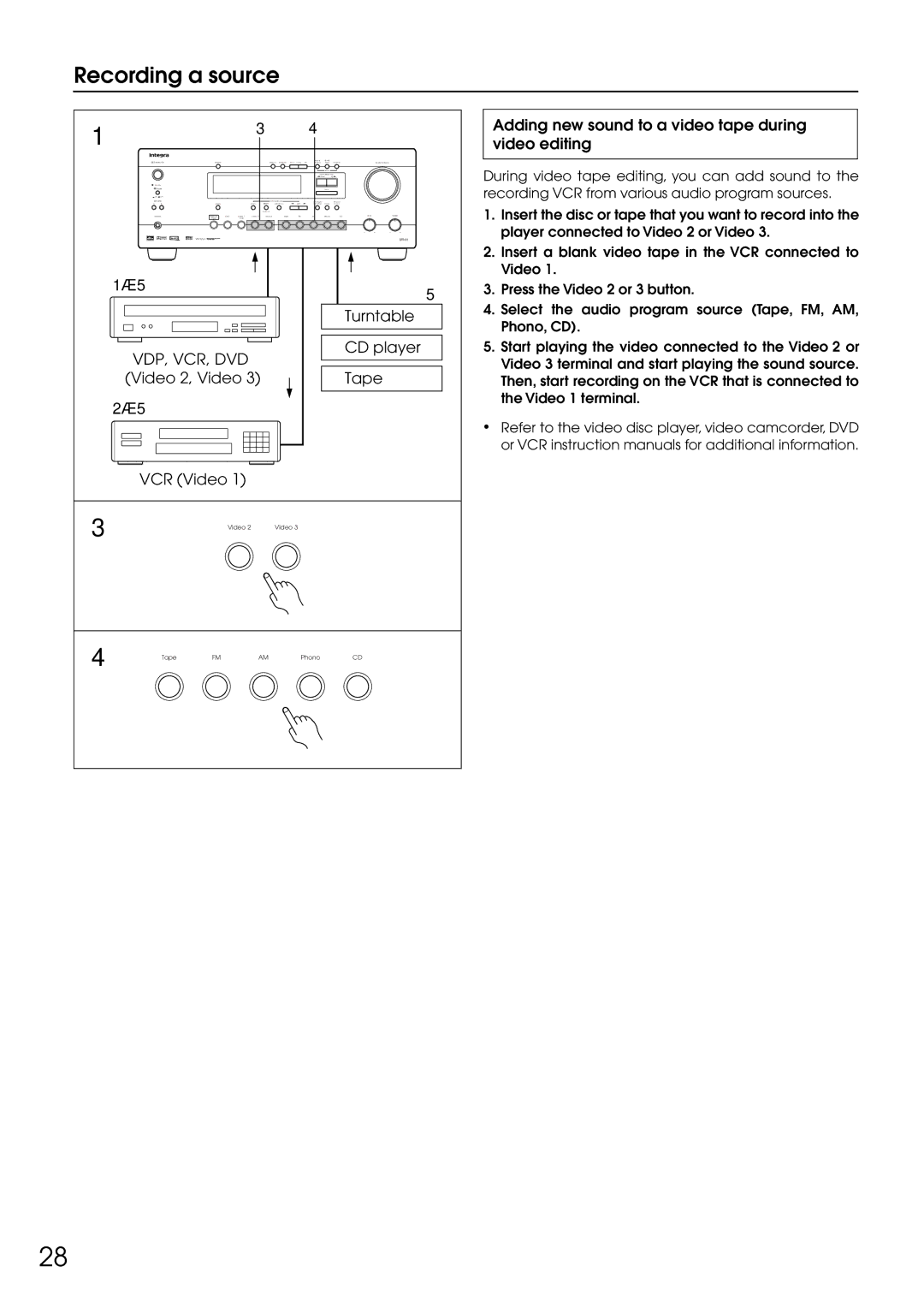 Integra DTR-5.1 Recording a source, Video 2, Video Tape VCR Video, Adding new sound to a video tape during video editing 