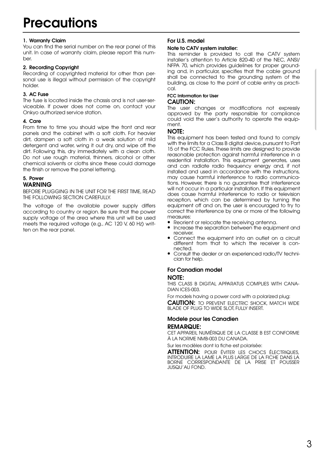 Integra DTR-5.1 appendix Precautions, For U.S. model, For Canadian model, Modele pour les Canadien 