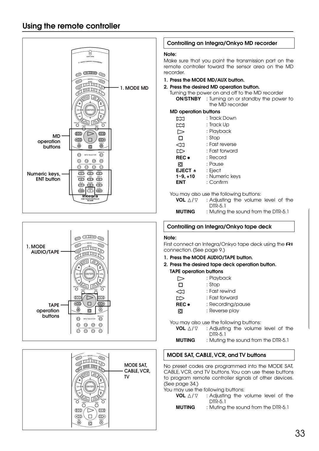 Integra DTR-5.1 appendix Controlling an Integra/Onkyo MD recorder, Controlling an Integra/Onkyo tape deck, Mode AUDIO/TAPE 