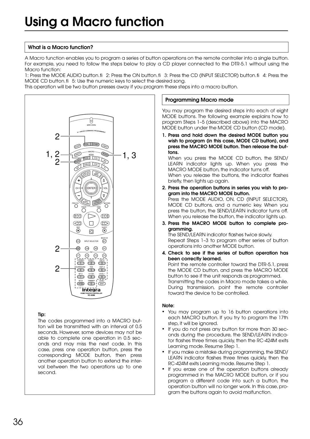 Integra DTR-5.1 appendix Using a Macro function, What is a Macro function?, Programming Macro mode 