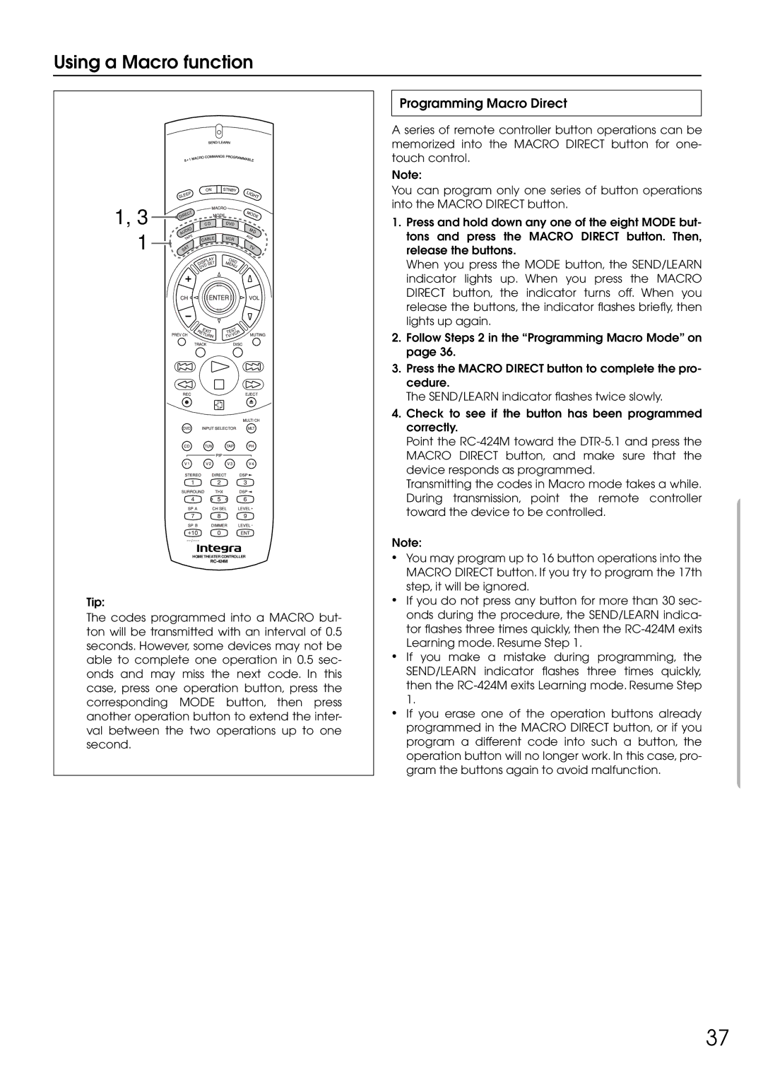 Integra DTR-5.1 appendix Using a Macro function, Programming Macro Direct 