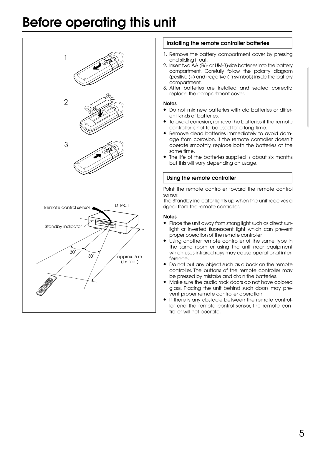 Integra DTR-5.1 Before operating this unit, Installing the remote controller batteries, Using the remote controller 