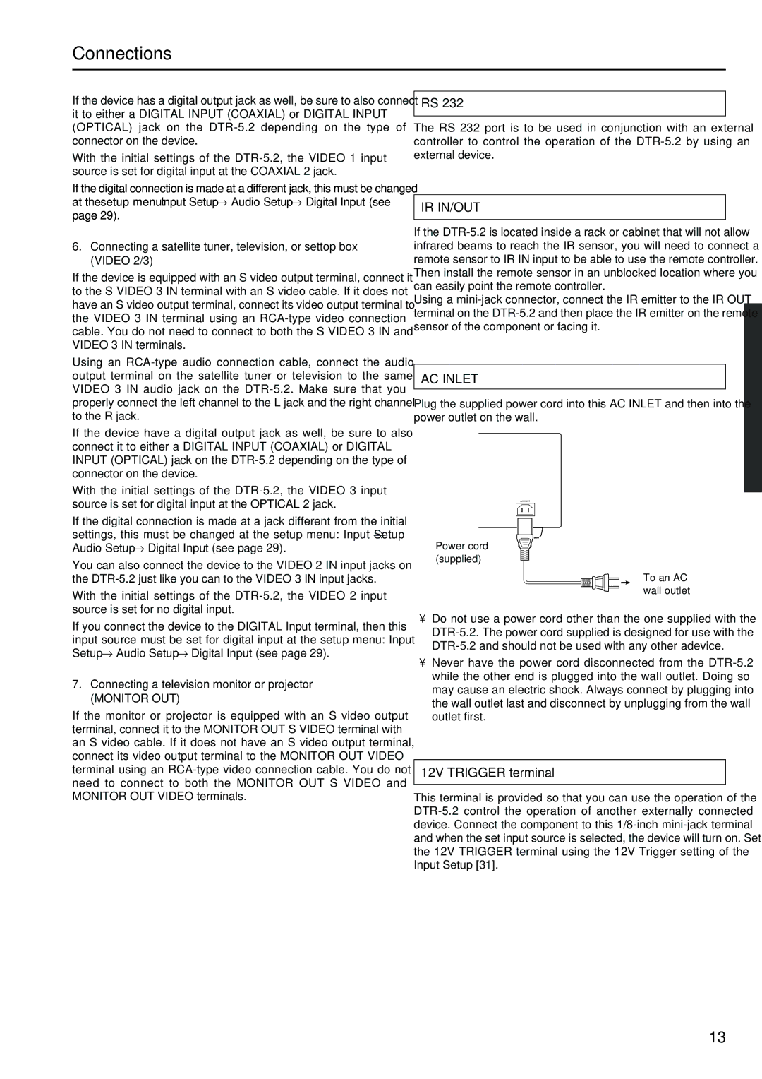 Integra DTR-5.2 appendix 12V Trigger terminal, Connecting a television monitor or projector 