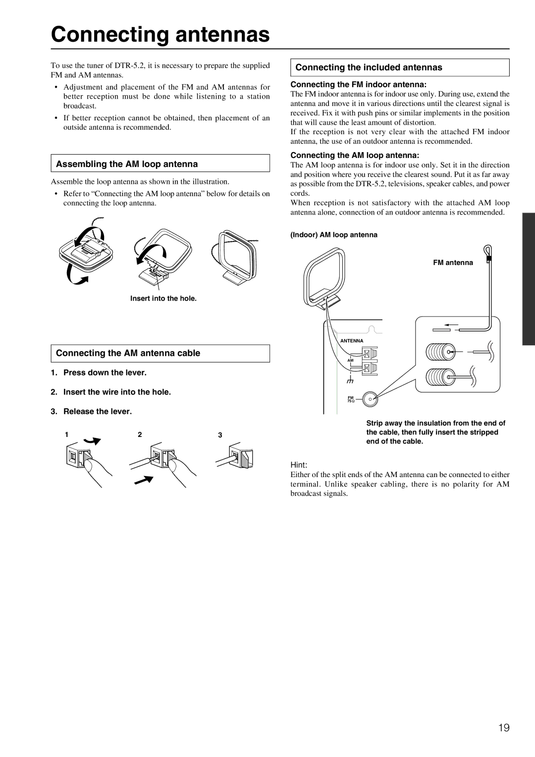 Integra DTR-5.2 appendix Connecting antennas, Assembling the AM loop antenna, Connecting the AM antenna cable 