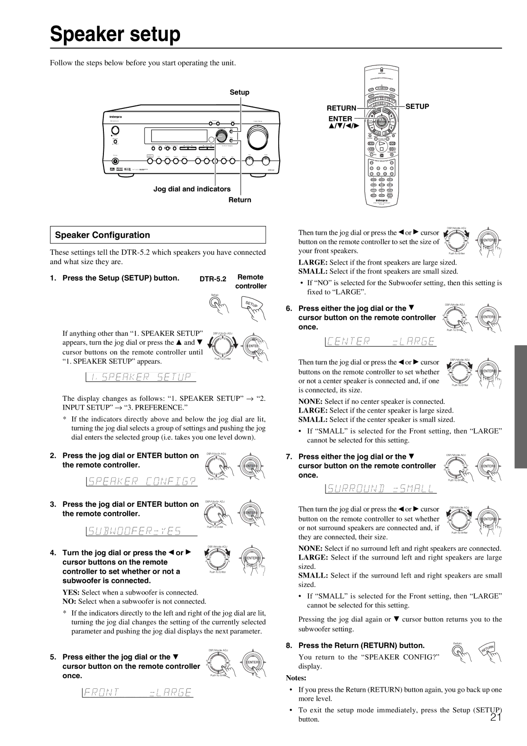 Integra DTR-5.2 appendix Speaker setup, Speaker Configuration, Return Setup Enter 