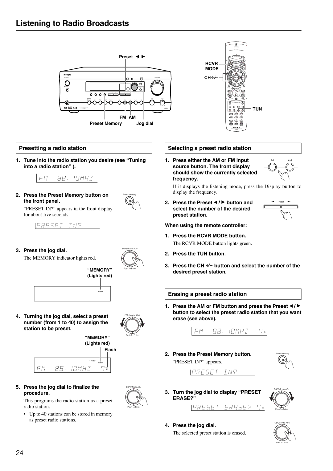 Integra DTR-5.2 appendix Listening to Radio Broadcasts, Presetting a radio station Selecting a preset radio station 