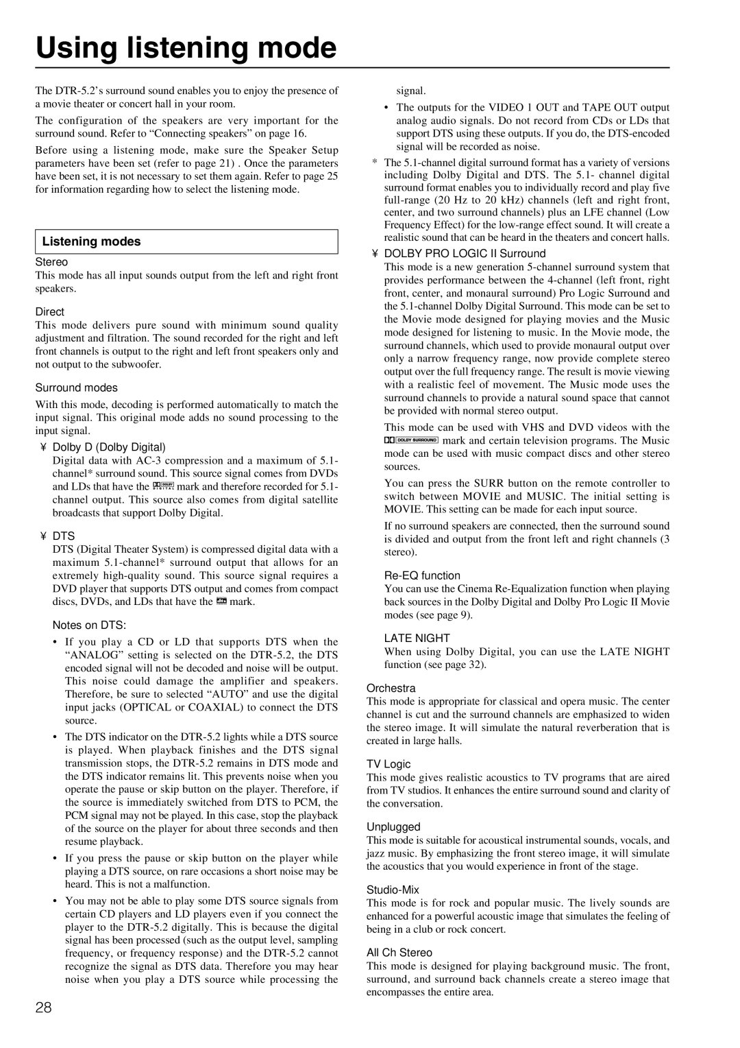 Integra DTR-5.2 appendix Using listening mode, Listening modes 