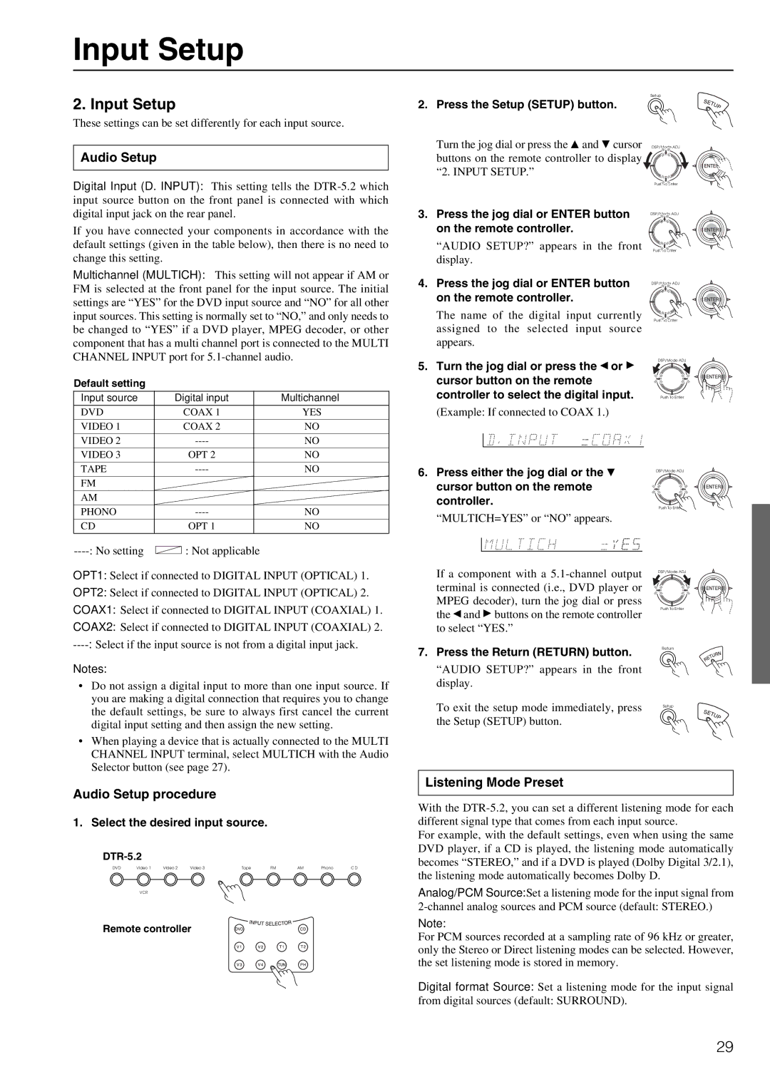 Integra DTR-5.2 appendix Input Setup, Audio Setup procedure, Listening Mode Preset 