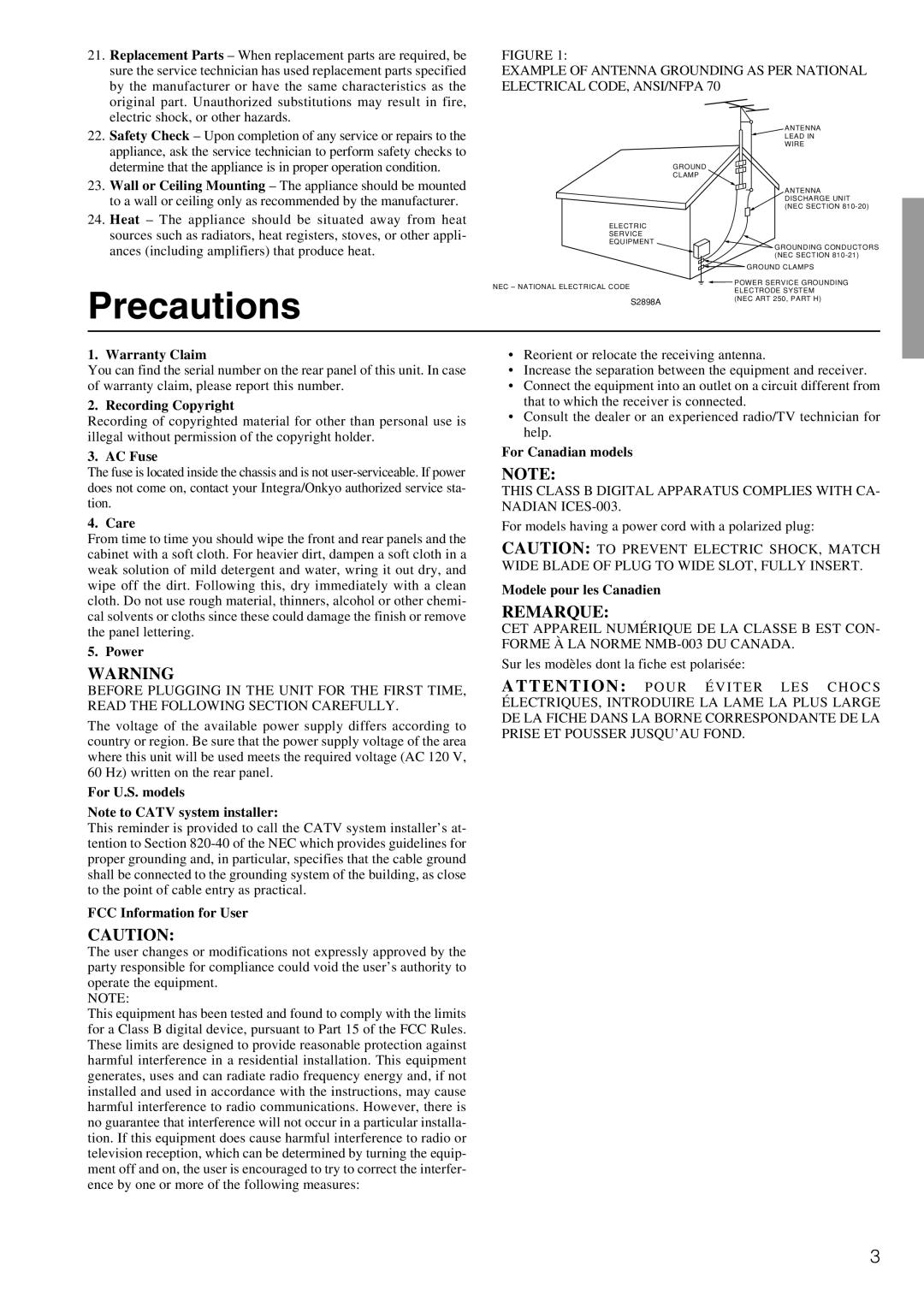 Integra DTR-5.2 appendix Precautions 