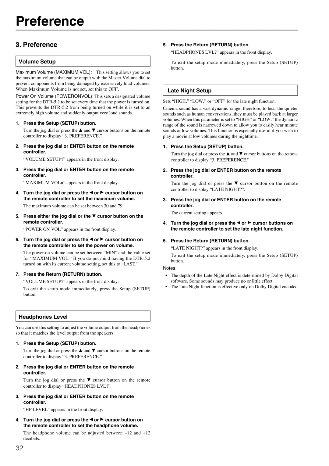 Integra DTR-5.2 appendix Preference, Volume Setup, Headphones Level, Late Night Setup 