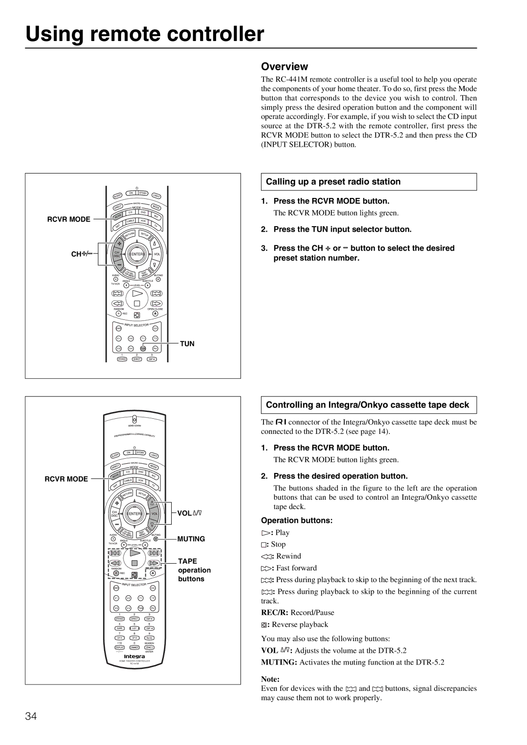 Integra DTR-5.2 appendix Using remote controller, Calling up a preset radio station, Press the desired operation button 