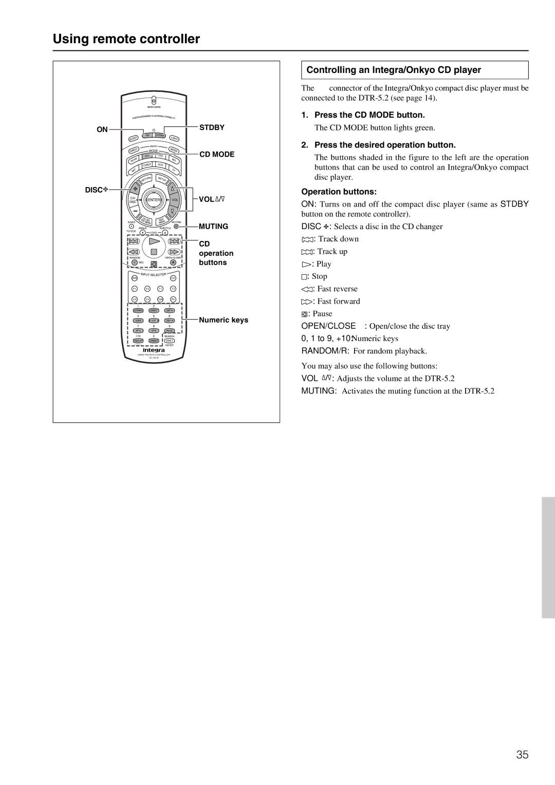 Integra DTR-5.2 appendix Using remote controller, Controlling an Integra/Onkyo CD player, Press the CD Mode button 