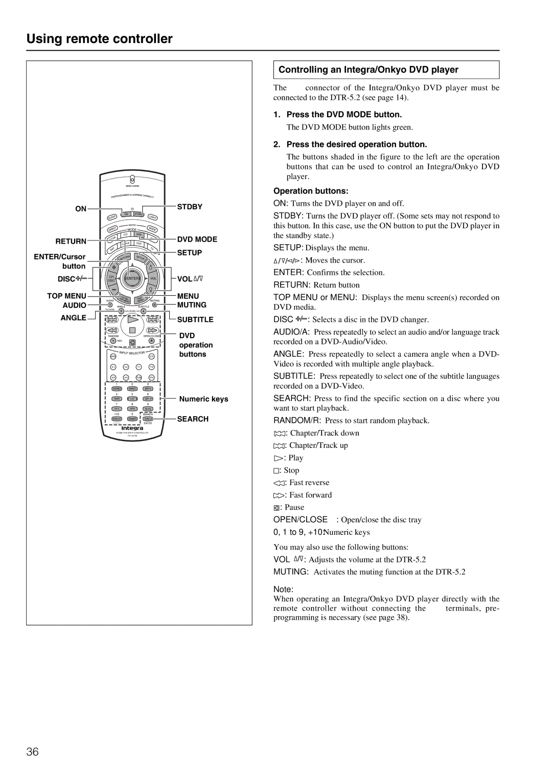 Integra DTR-5.2 appendix Controlling an Integra/Onkyo DVD player, Press the DVD Mode button 