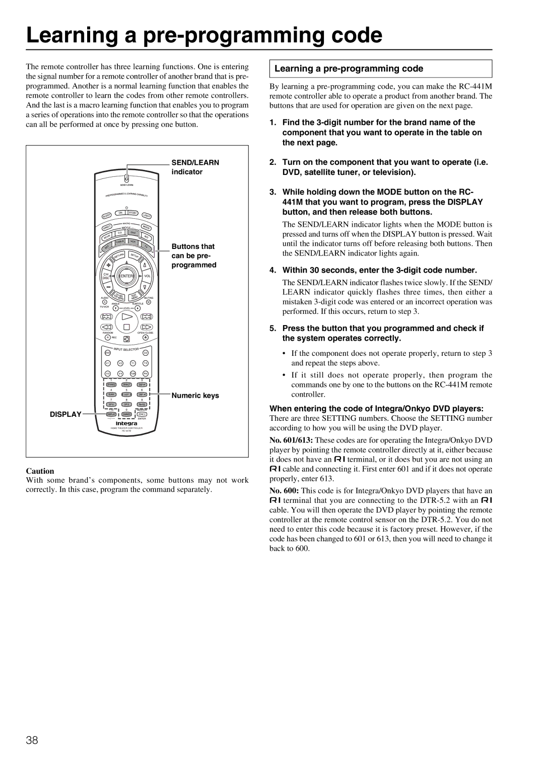 Integra DTR-5.2 Learning a pre-programming code, Within 30 seconds, enter the 3-digit code number, SEND/LEARN indicator 