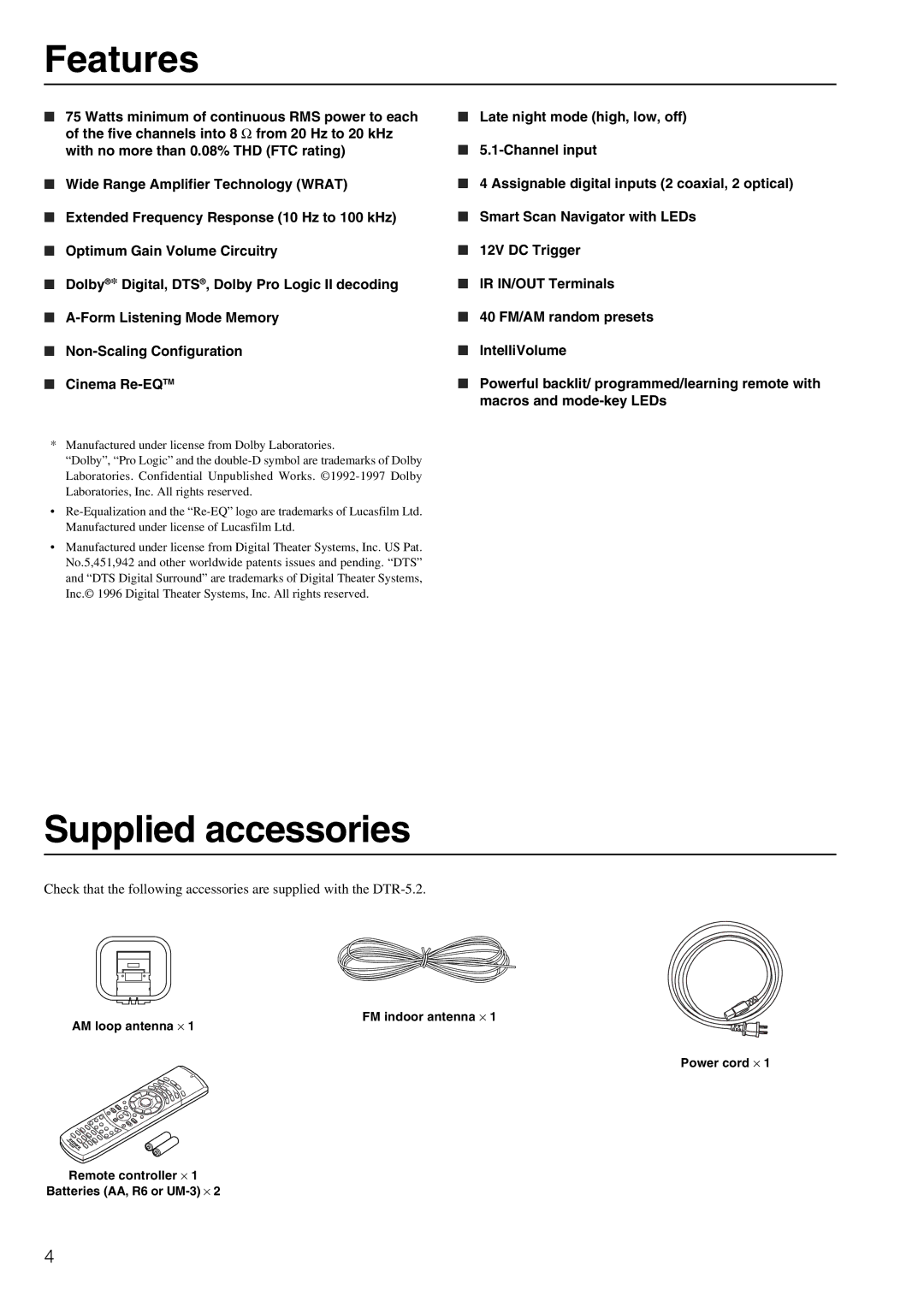 Integra DTR-5.2 appendix Features, Supplied accessories 