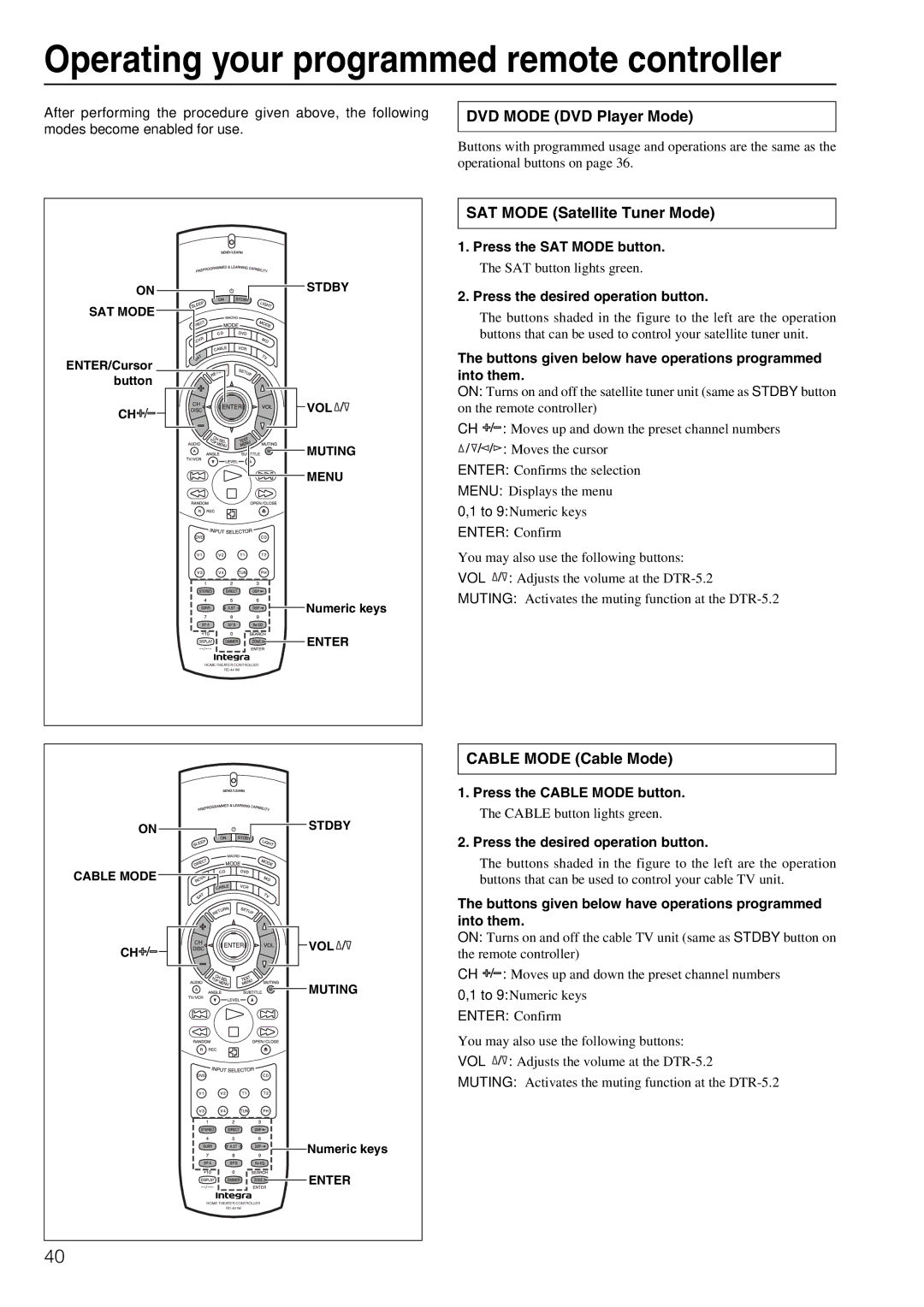 Integra DTR-5.2 Operating your programmed remote controller, DVD Mode DVD Player Mode, SAT Mode Satellite Tuner Mode 