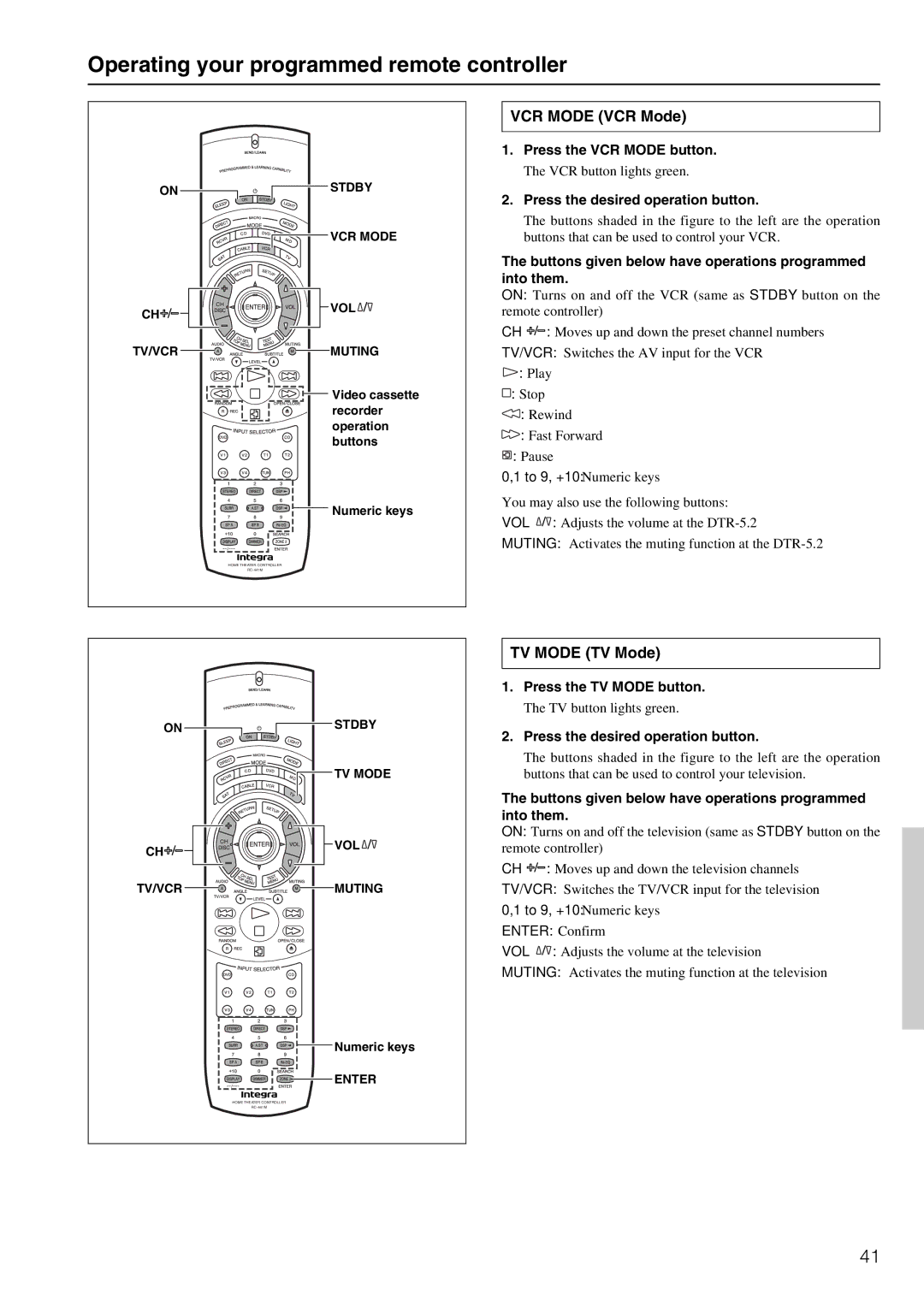 Integra DTR-5.2 Operating your programmed remote controller, VCR Mode VCR Mode, TV Mode TV Mode, Press the VCR Mode button 